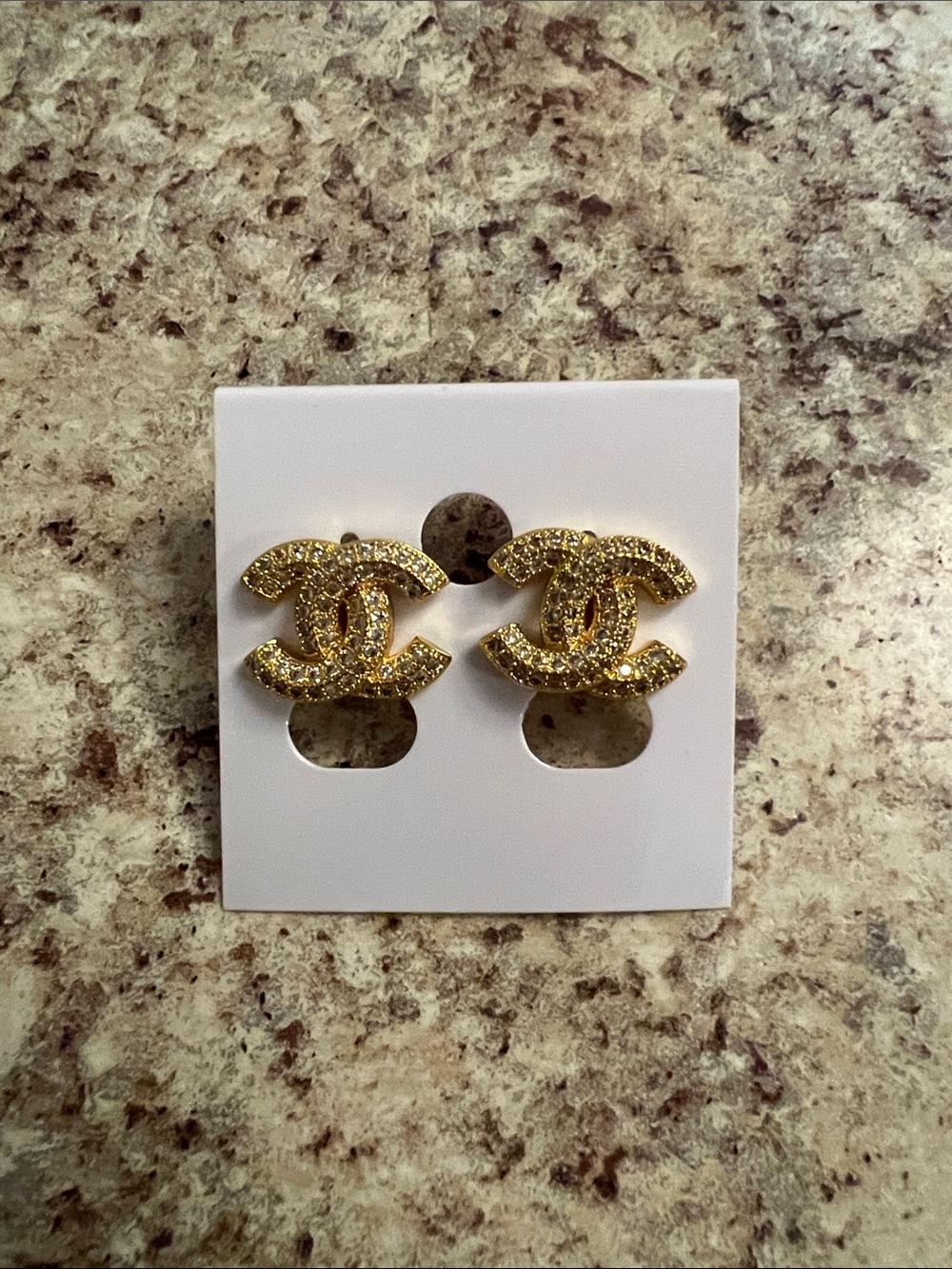 CHANEL Gold Crystal CC Logo Stud Earrings
